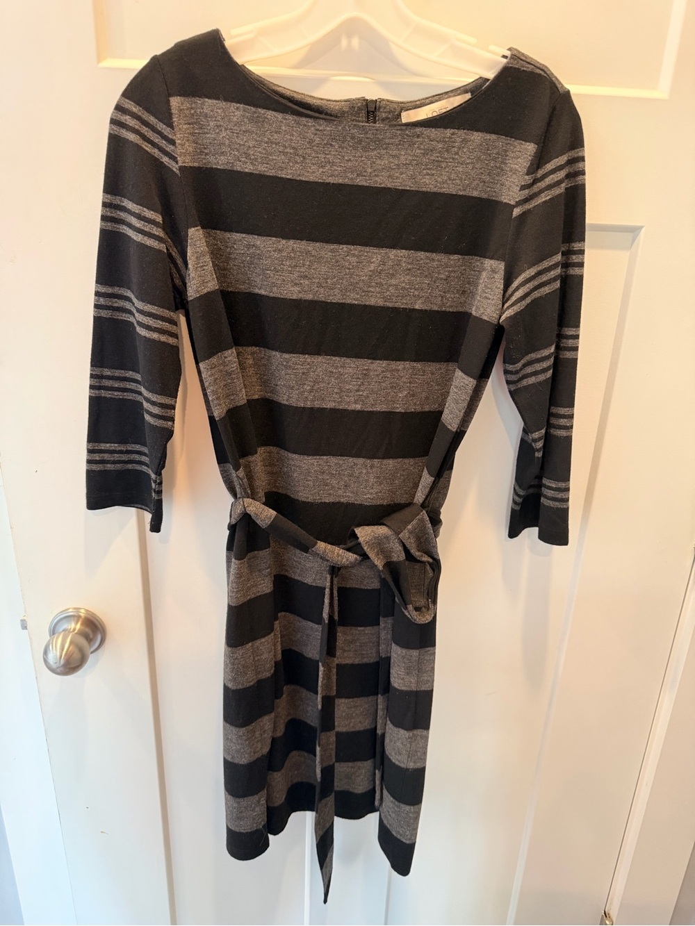 LOFT Striped Sweater Dress Small Black Gray Tie Waist Knit Midi Dress